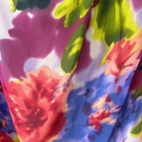 BEBE Watercolor Floral Print Silk One-Shoulder Blouse with Ruffle Detail - Picture 5 of 11